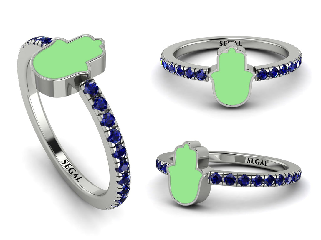 Elegant Enamel Hamsa Sapphire Ring - Hamsa No. 15