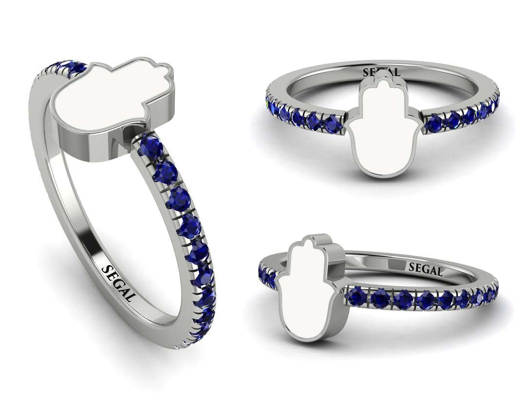 Elegant Enamel Hamsa Sapphire Ring - Hamsa No. 15