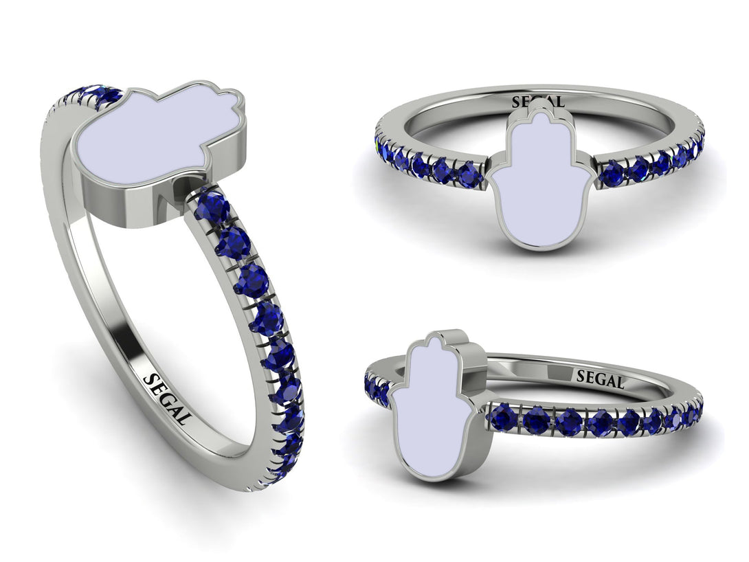 Elegant Enamel Hamsa Sapphire Ring - Hamsa No. 15