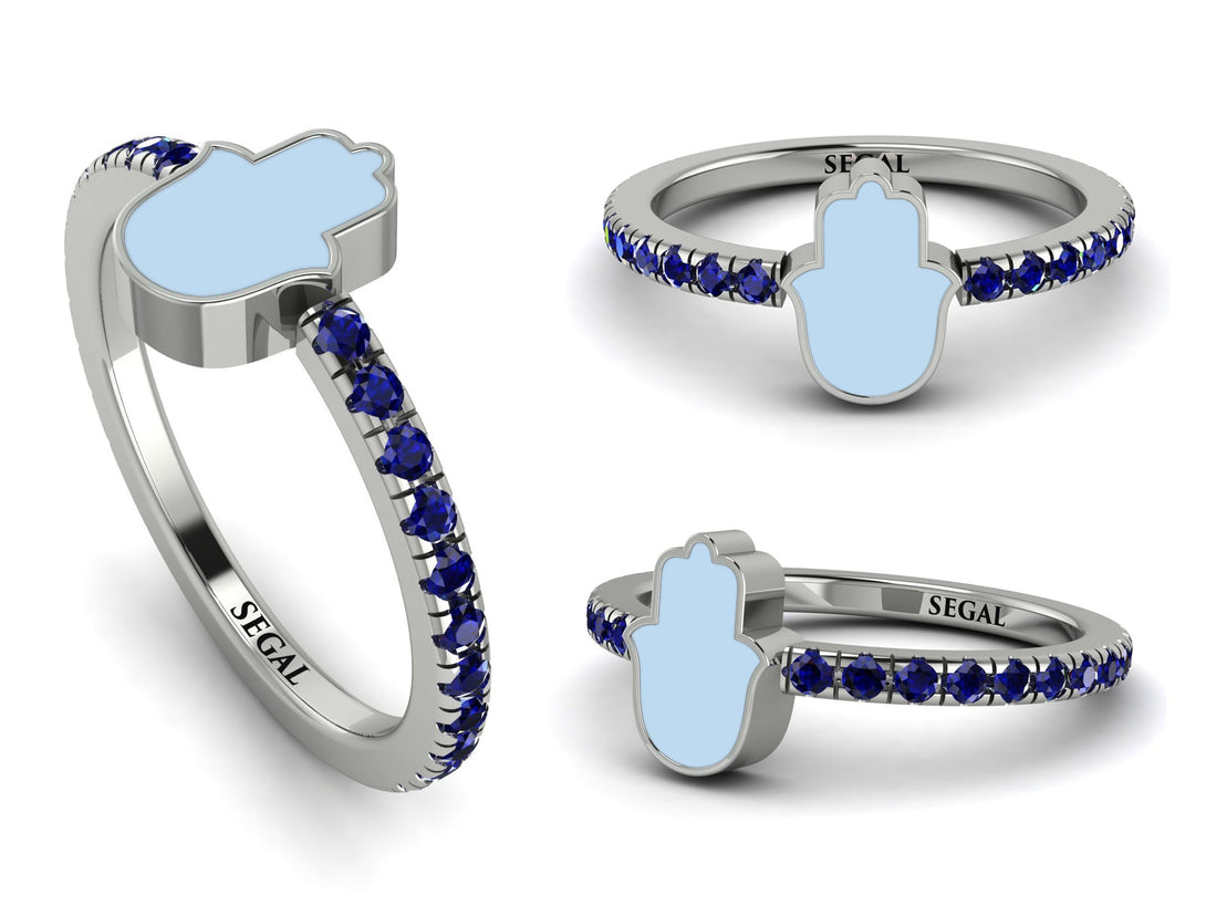 Elegant Enamel Hamsa Sapphire Ring - Hamsa No. 15
