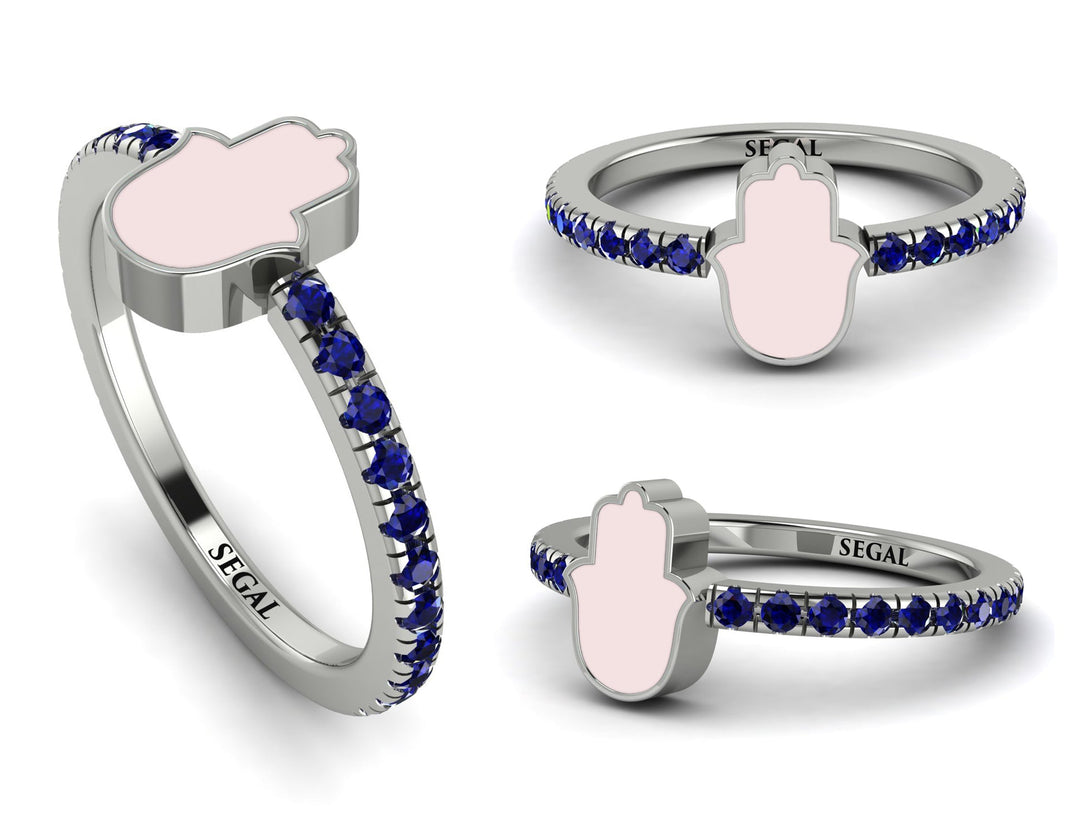 Elegant Enamel Hamsa Sapphire Ring - Hamsa No. 15
