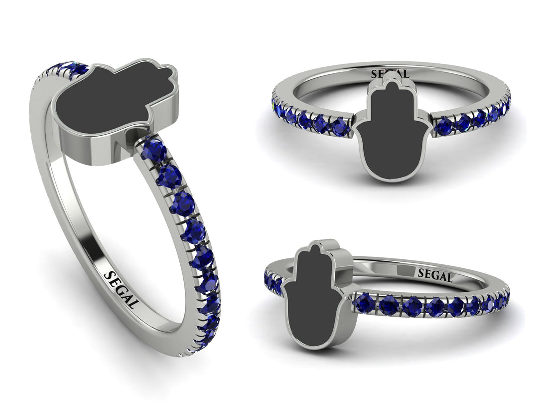Elegant Enamel Hamsa Sapphire Ring - Hamsa No. 15