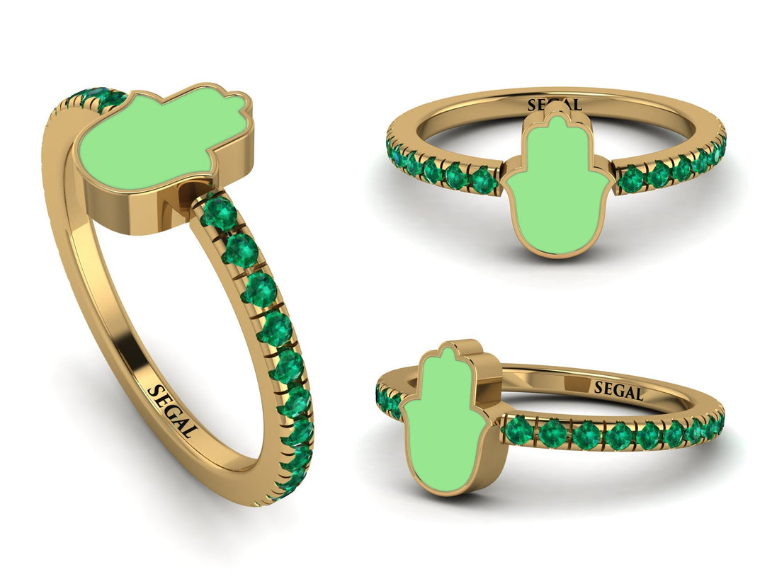 Elegant Enamel Hamsa Emerald Ring - Hamsa No. 4