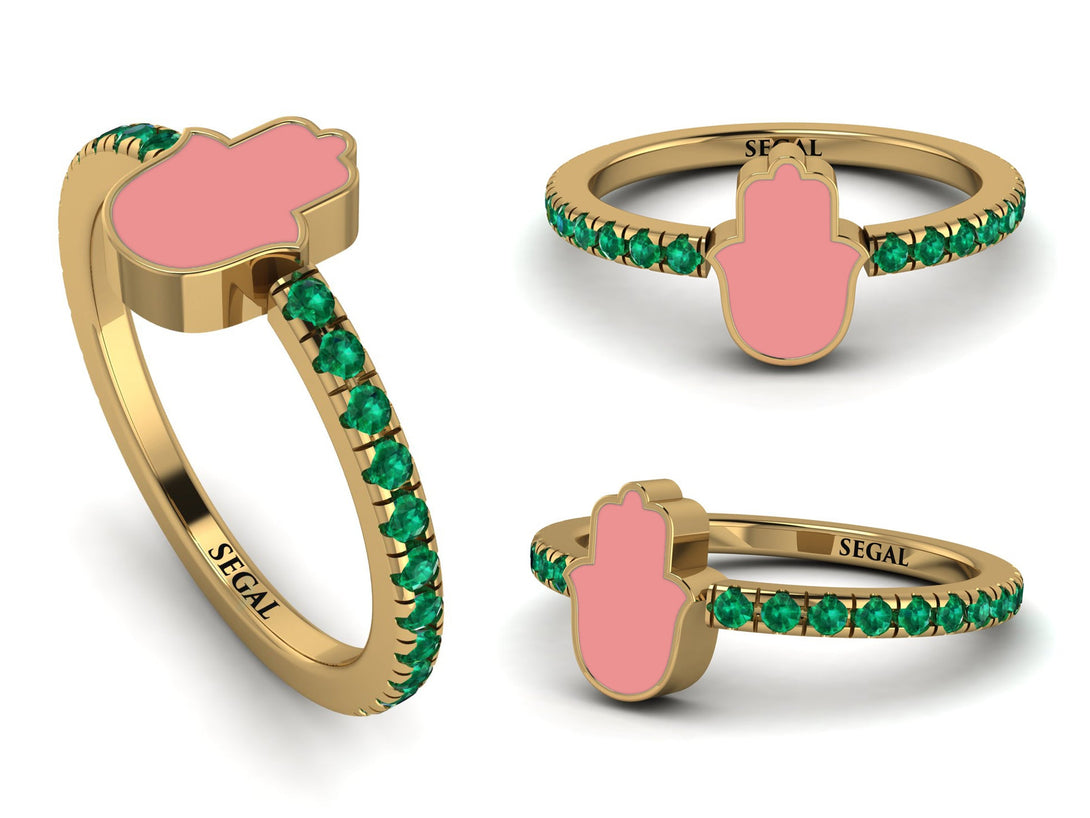 Elegant Enamel Hamsa Emerald Ring - Hamsa No. 4