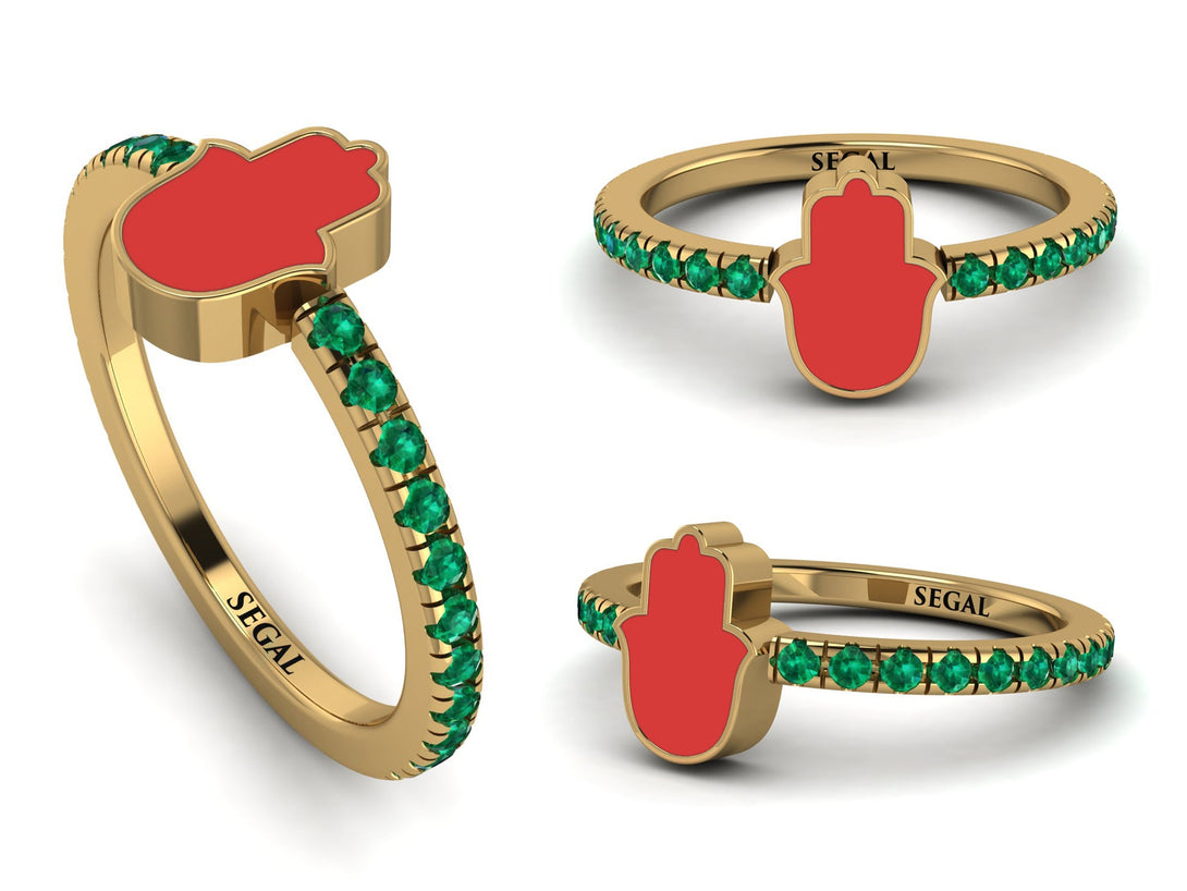 Elegant Enamel Hamsa Emerald Ring - Hamsa No. 4