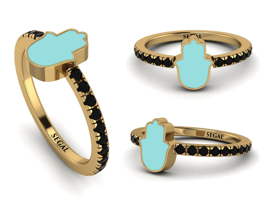 Elegant Enamel Hamsa Black Diamond Ring - Hamsa No. 7