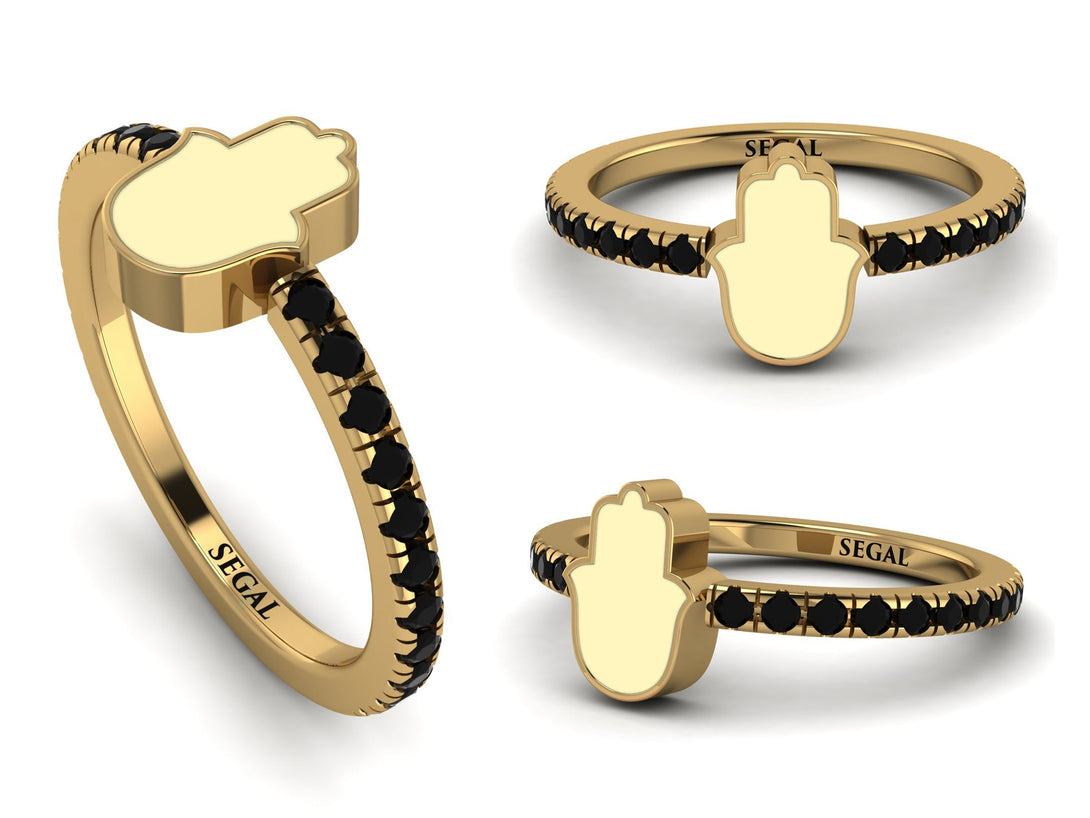 Elegant Enamel Hamsa Black Diamond Ring - Hamsa No. 7