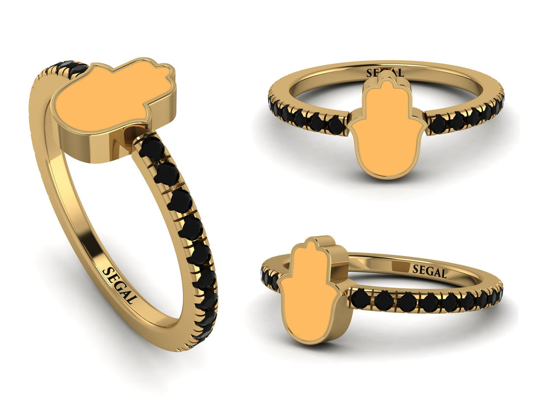 Elegant Enamel Hamsa Black Diamond Ring - Hamsa No. 7