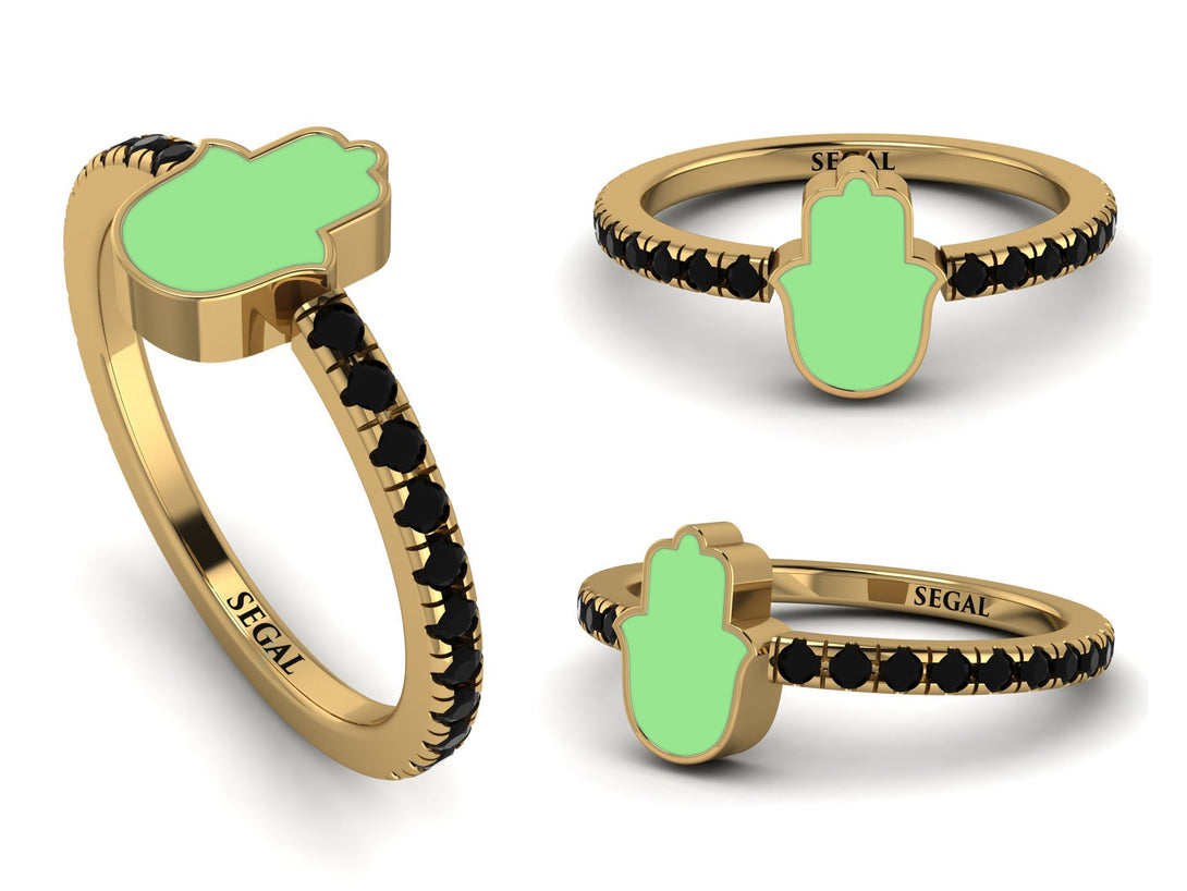 Elegant Enamel Hamsa Black Diamond Ring - Hamsa No. 7