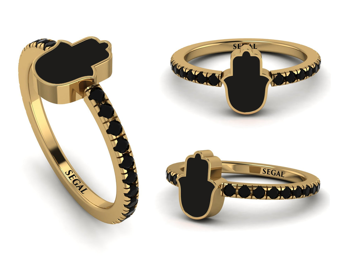 Elegant Enamel Hamsa Black Diamond Ring - Hamsa No. 7
