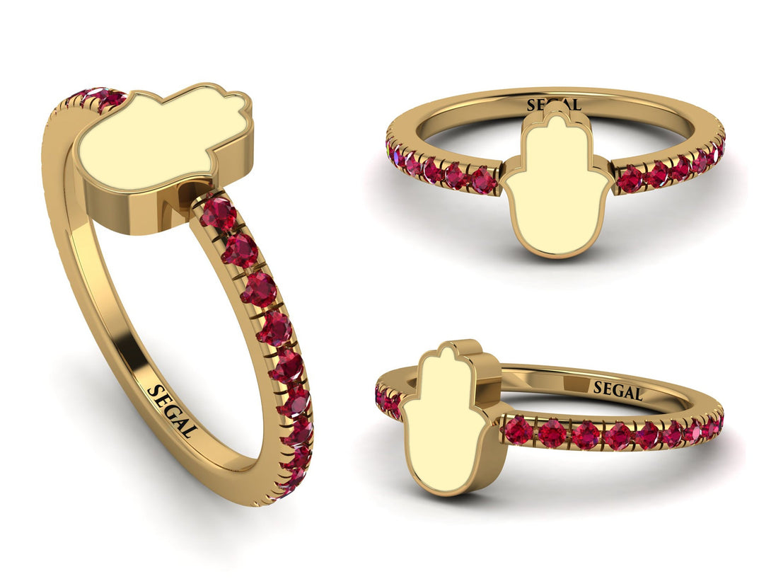 Elegant Enamel Hamsa Ruby Ring - Hamsa No. 10