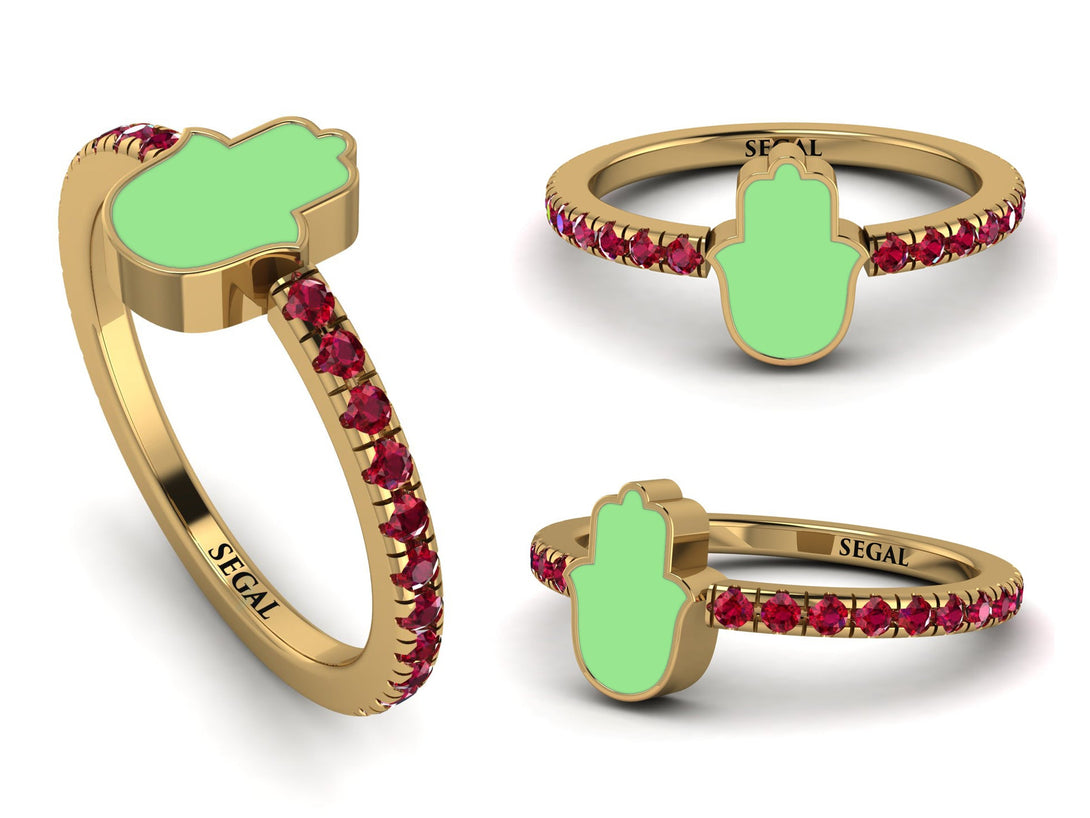 Elegant Enamel Hamsa Ruby Ring - Hamsa No. 10