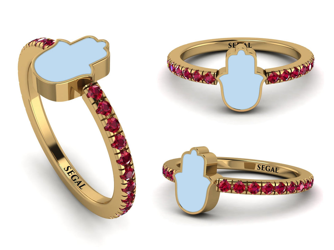 Elegant Enamel Hamsa Ruby Ring - Hamsa No. 10