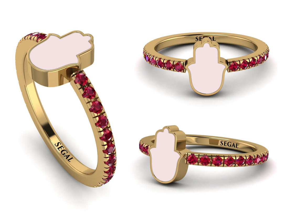 Elegant Enamel Hamsa Ruby Ring - Hamsa No. 10