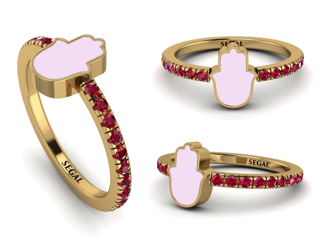 Elegant Enamel Hamsa Ruby Ring - Hamsa No. 10