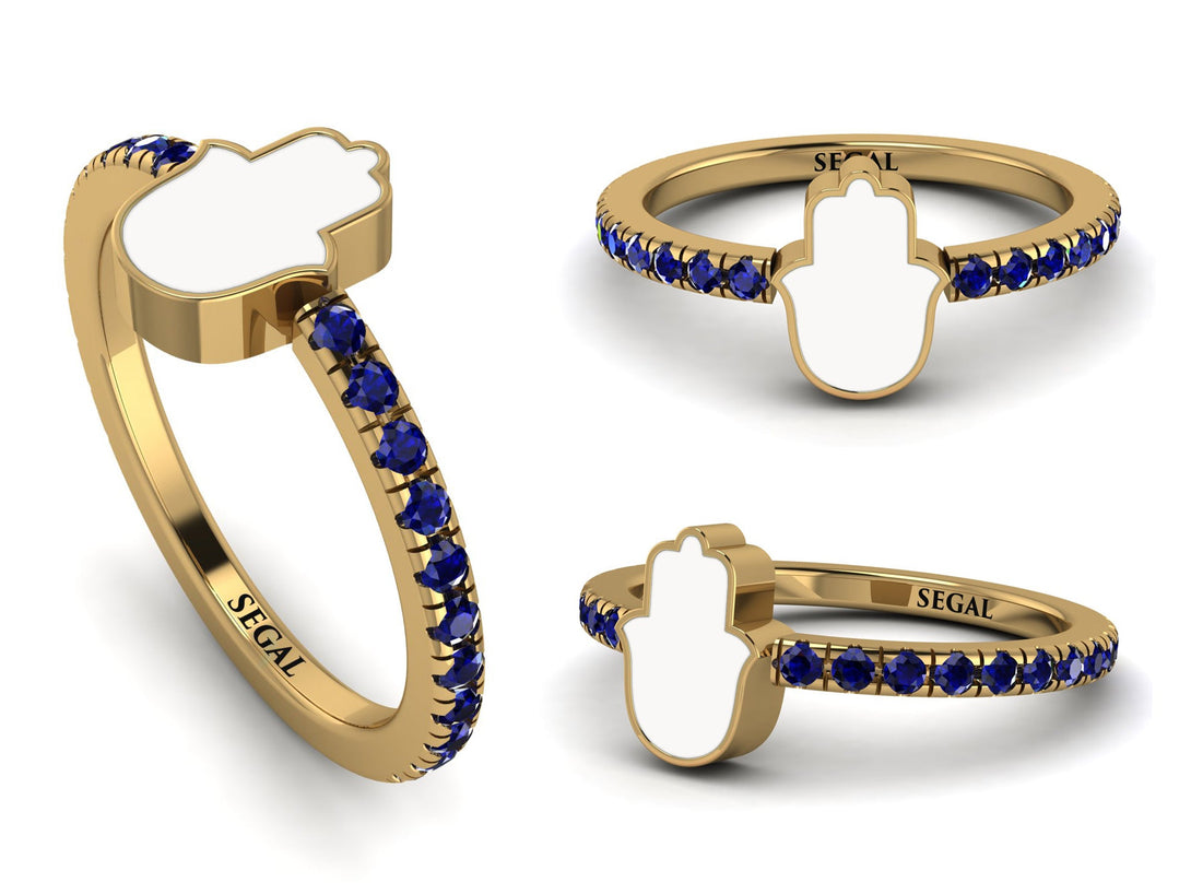 Elegant Enamel Hamsa Sapphire Ring - Hamsa No. 13