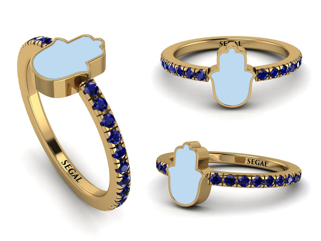 Elegant Enamel Hamsa Sapphire Ring - Hamsa No. 13