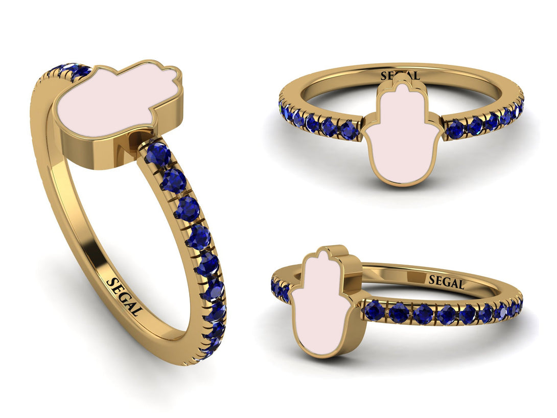 Elegant Enamel Hamsa Sapphire Ring - Hamsa No. 13