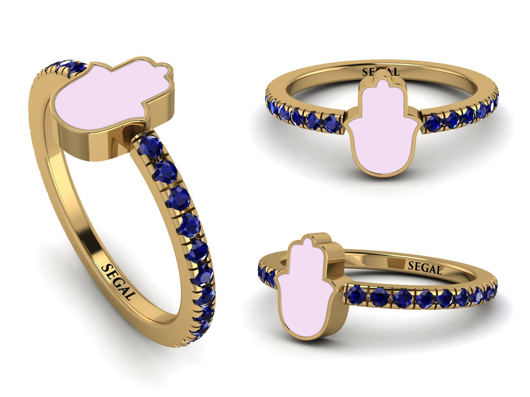 Elegant Enamel Hamsa Sapphire Ring - Hamsa No. 13