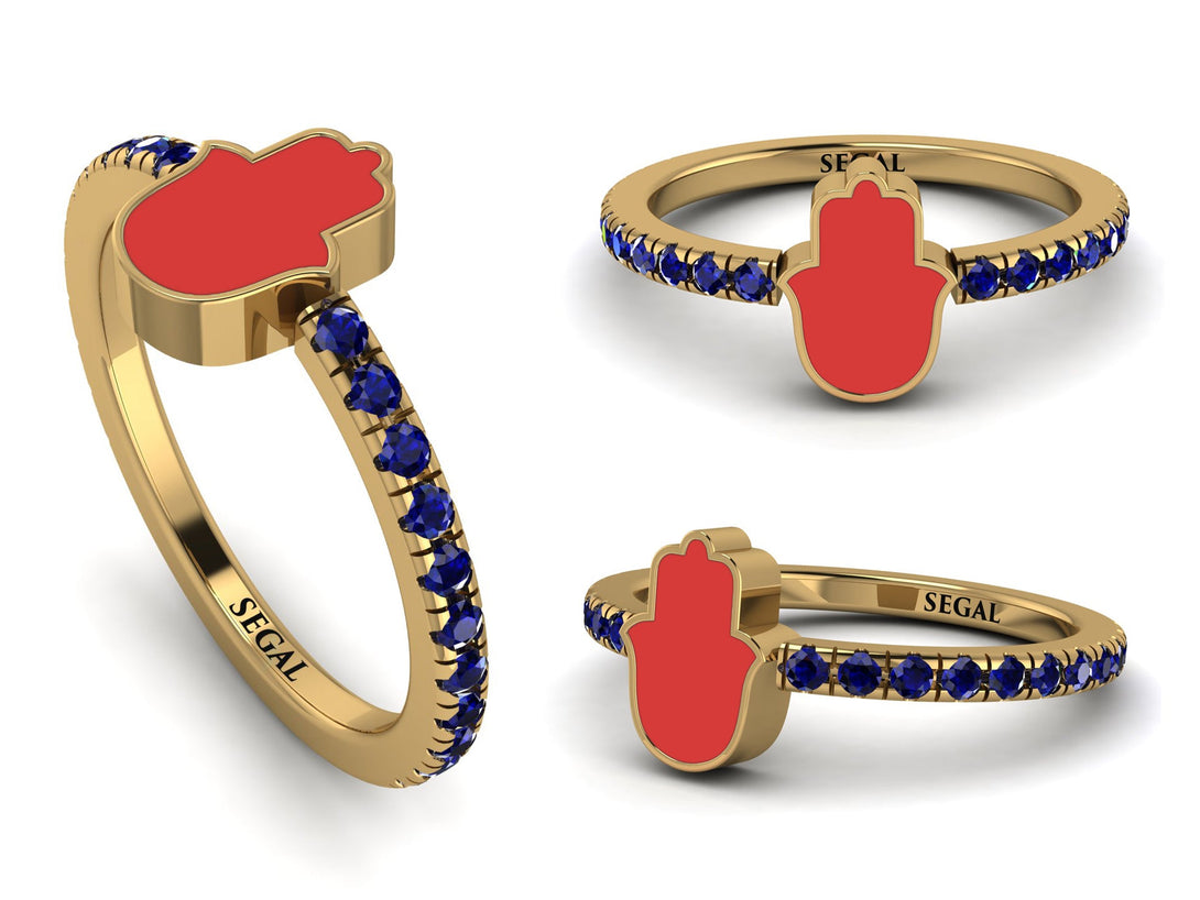 Elegant Enamel Hamsa Sapphire Ring - Hamsa No. 13