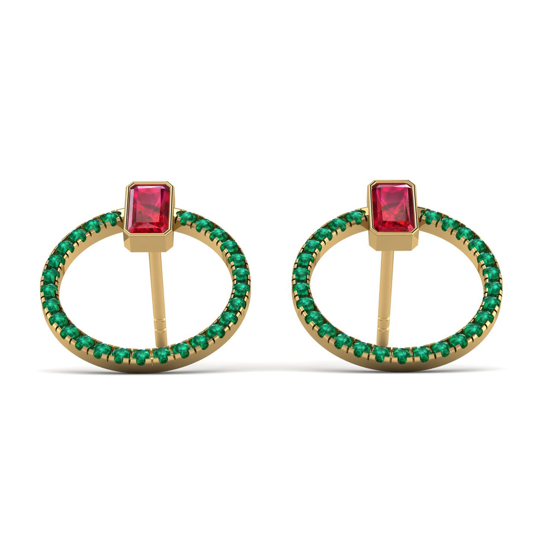 Emerald Cut Circle Ruby Earrings - Oaklyn No. 25