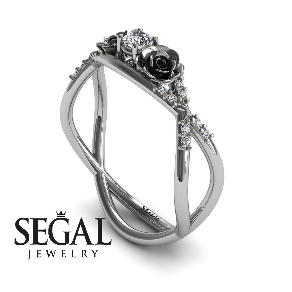 Rose Engagement ring 14K White Gold Thin Elegant Flower Ring White diamond - Stella no. 3