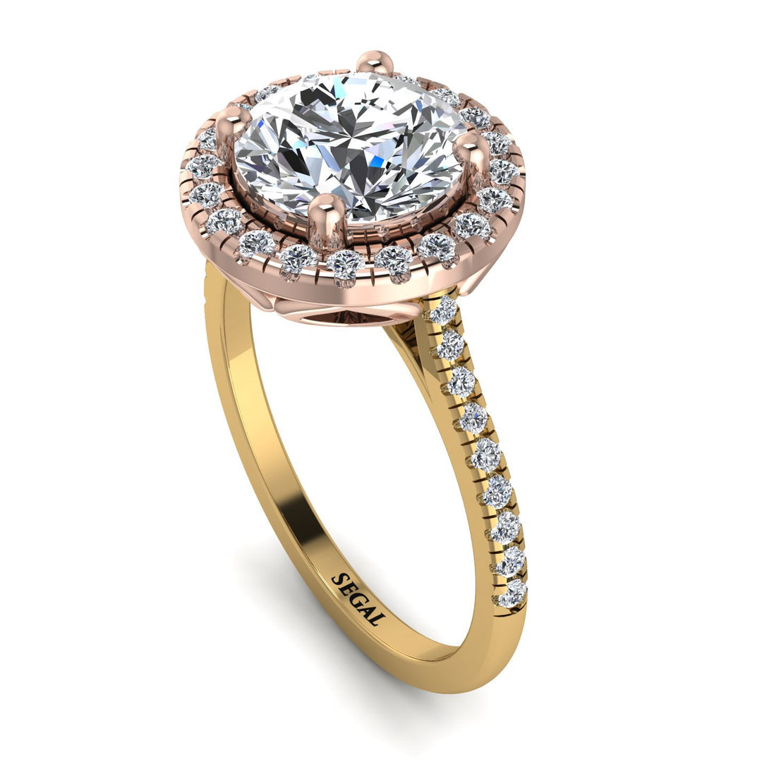 Two Tones Gorgeous Round Cut Diamond Pave Engagement Ring With Hidden Stone - Ellen No. 76