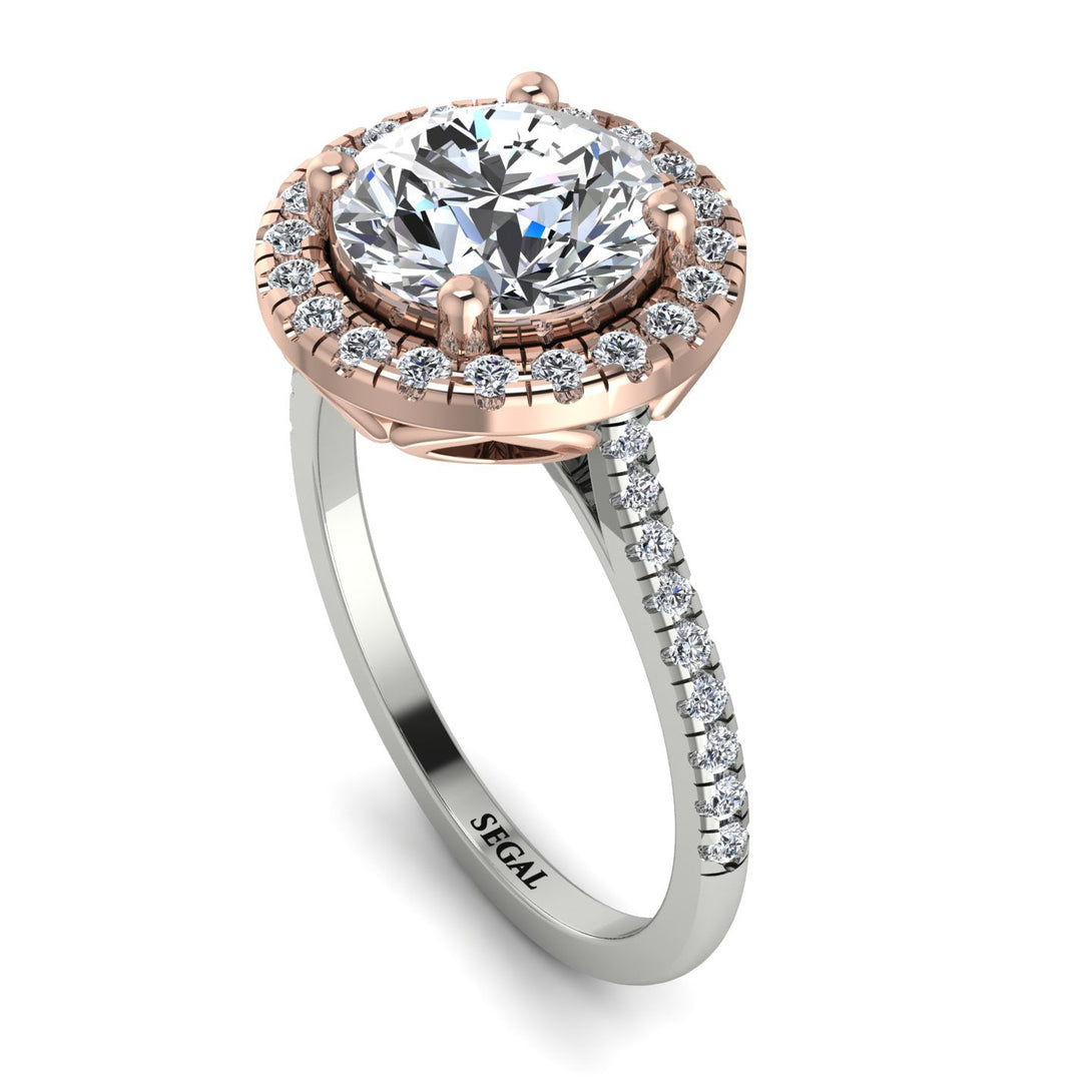 Two Tones Gorgeous Round Cut Diamond Pave Engagement Ring With Hidden Stone - Ellen No. 78
