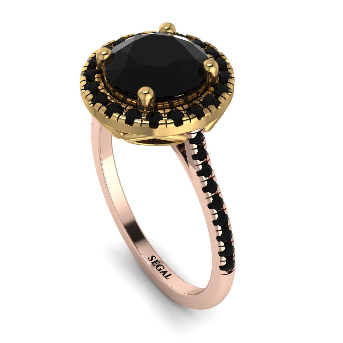 Two Tones Gorgeous Round Cut Black Diamond Pave Engagement Ring With Hidden Stone - Ellen No. 79
