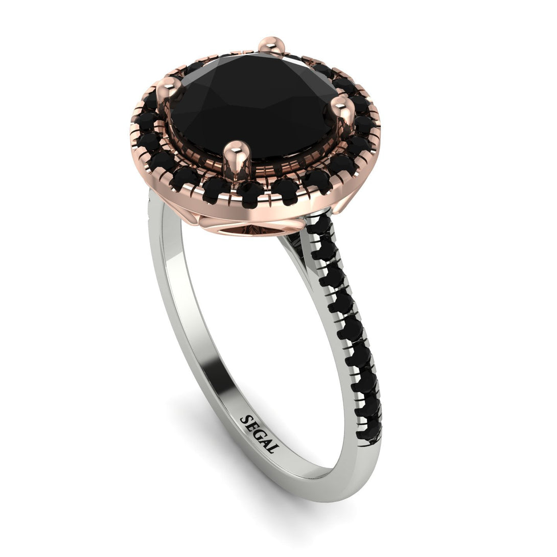 Two Tones Gorgeous Round Cut Black Diamond Pave Engagement Ring With Hidden Stone - Ellen No. 81