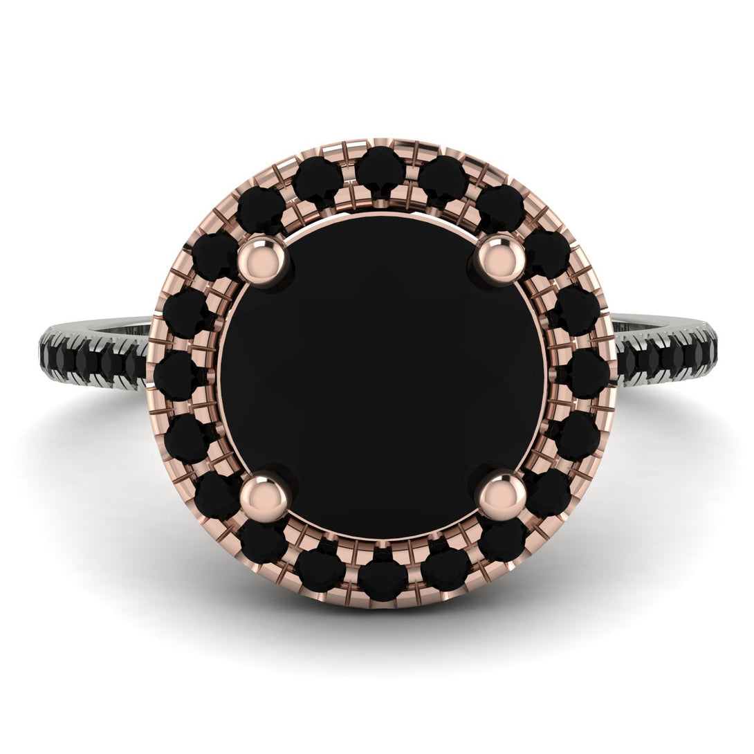 Two Tones Gorgeous Round Cut Black Diamond Pave Engagement Ring With Hidden Stone - Ellen No. 81