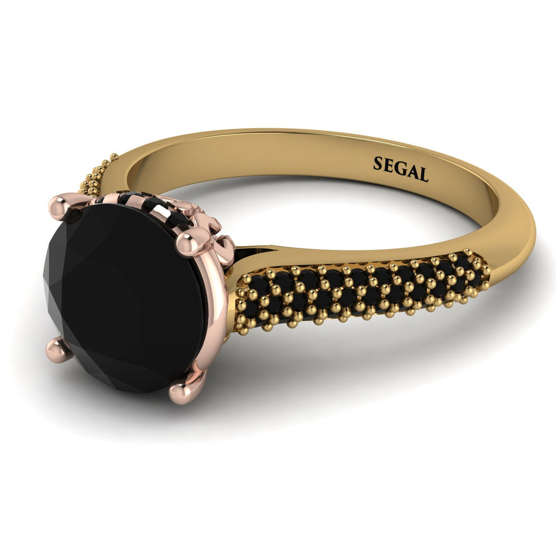 Two Tones Luxury Pave Round Cut Black Diamond Engagement Ring With Hidden Stone - Miracle No. 79