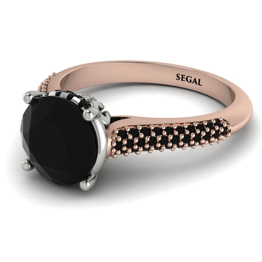 Two Tones Luxury Pave Round Cut Black Diamond Engagement Ring With Hidden Stone - Miracle No. 81