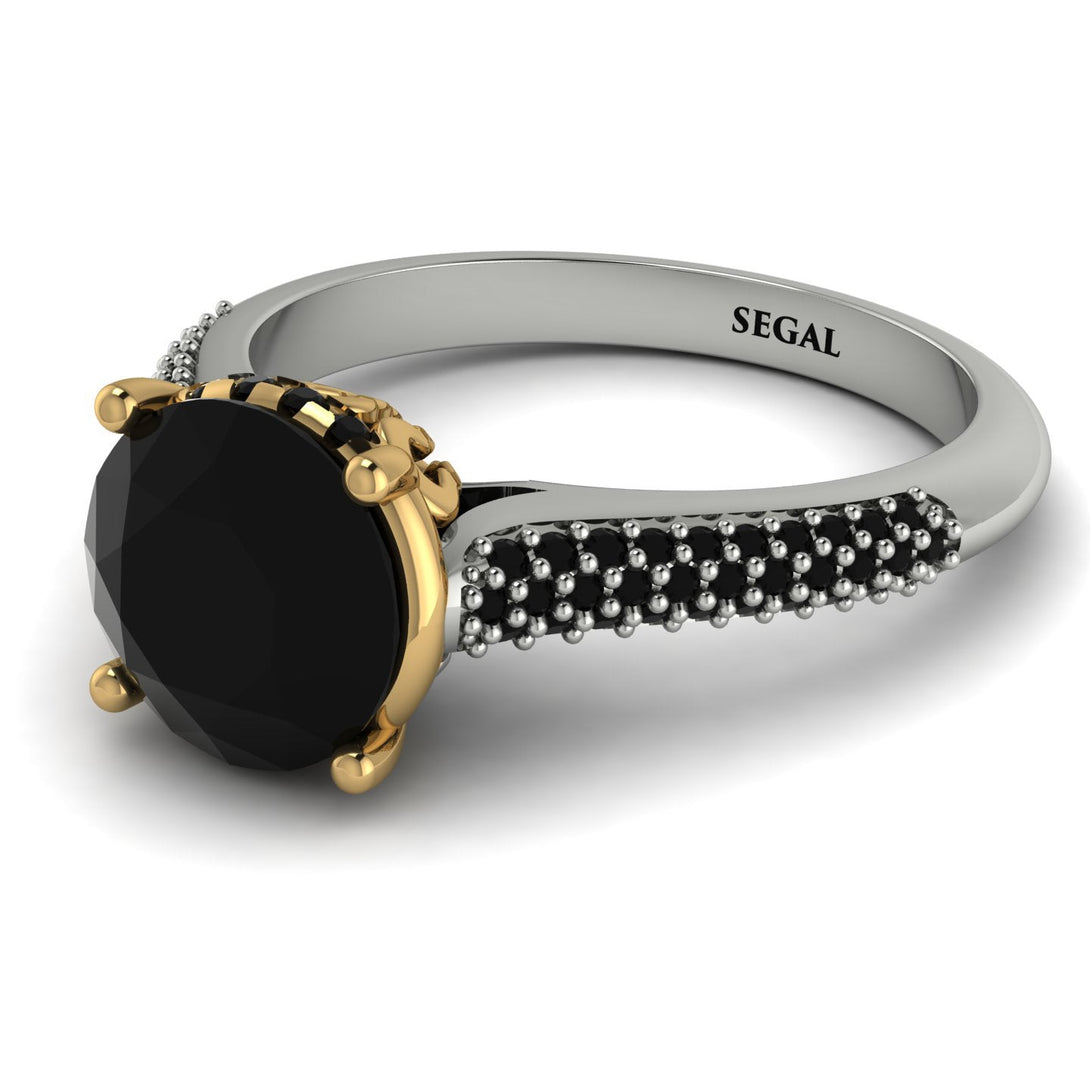 Two Tones Luxury Pave Round Cut Black Diamond Engagement Ring With Hidden Stone - Miracle No. 80