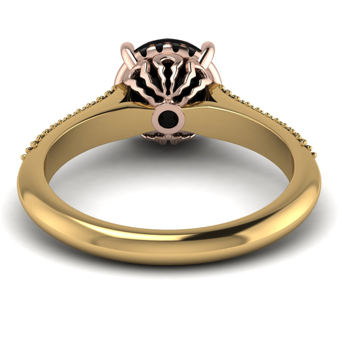 Two Tones Luxury Pave Round Cut Black Diamond Engagement Ring With Hidden Stone - Miracle No. 79