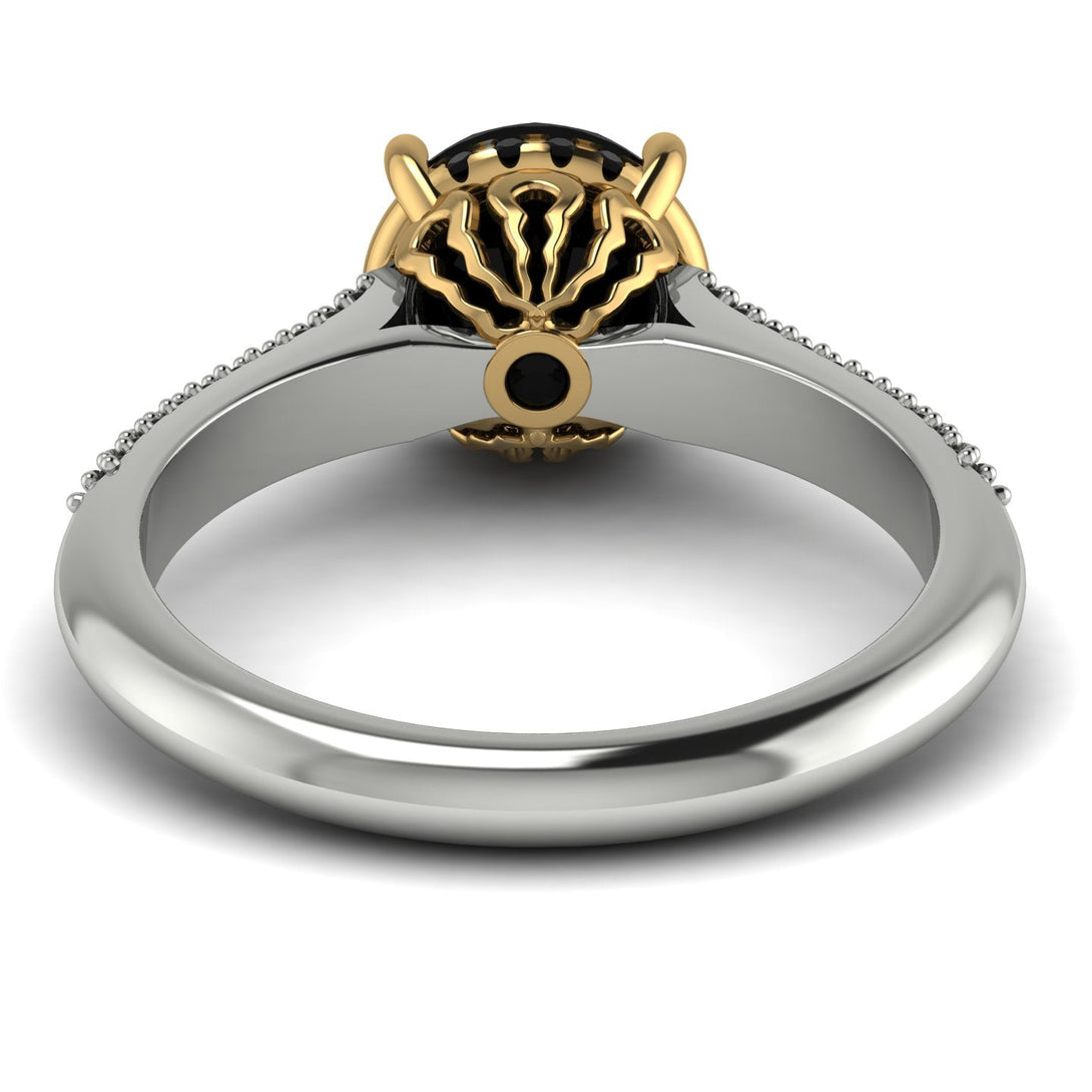 Two Tones Luxury Pave Round Cut Black Diamond Engagement Ring With Hidden Stone - Miracle No. 80