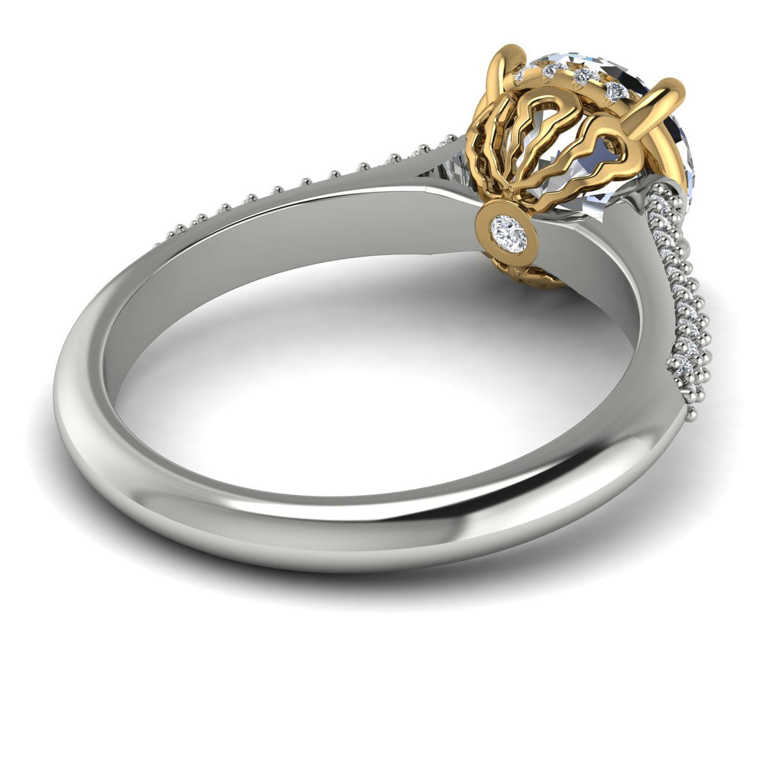 Two Tones Luxury Pave Round Cut Diamond Engagement Ring With Hidden Stone - Miracle No. 77