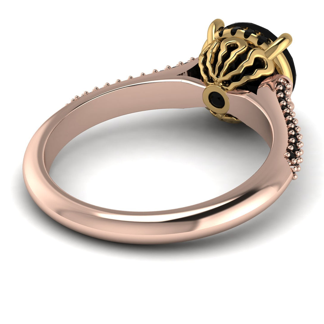 Two Tones Luxury Pave Round Cut Black Diamond Engagement Ring With Hidden Stone - Miracle No. 79