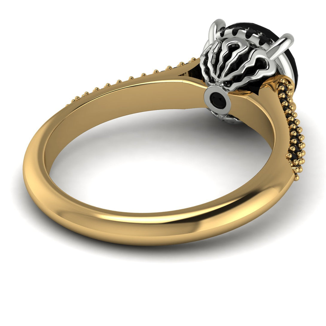 Two Tones Luxury Pave Round Cut Black Diamond Engagement Ring With Hidden Stone - Miracle No. 80