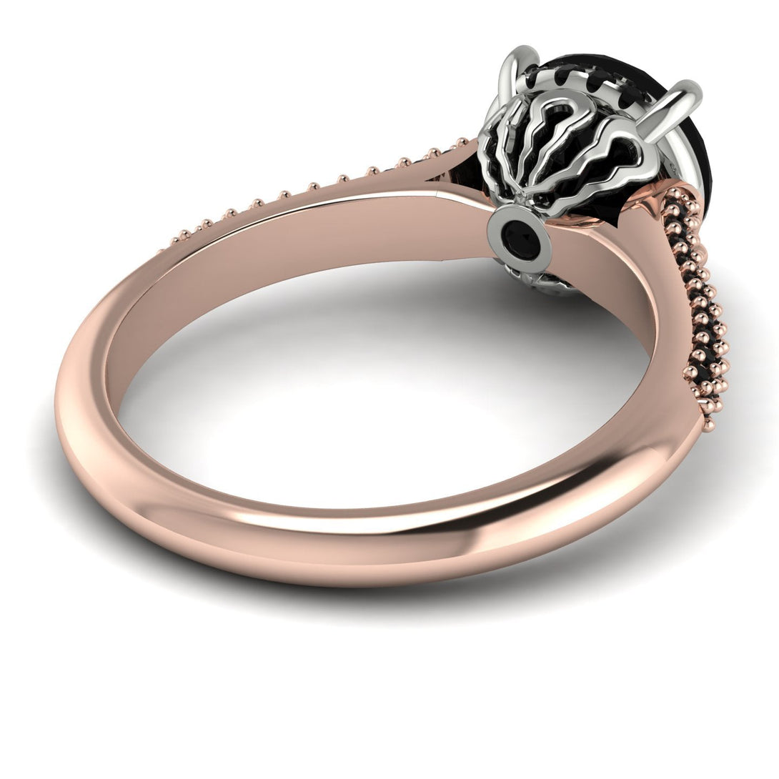 Two Tones Luxury Pave Round Cut Black Diamond Engagement Ring With Hidden Stone - Miracle No. 81