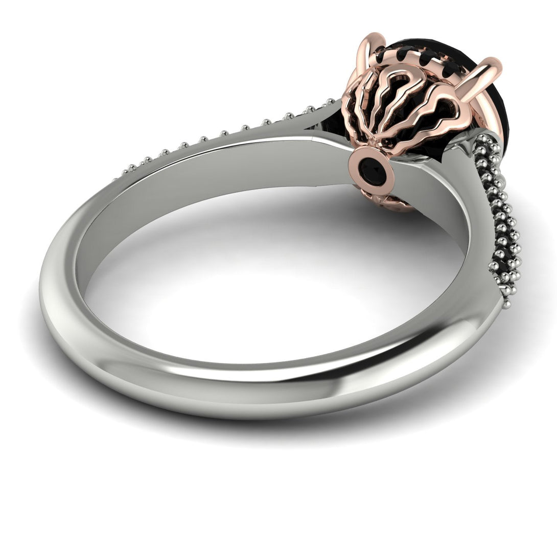 Two Tones Luxury Pave Round Cut Black Diamond Engagement Ring With Hidden Stone - Miracle No. 81