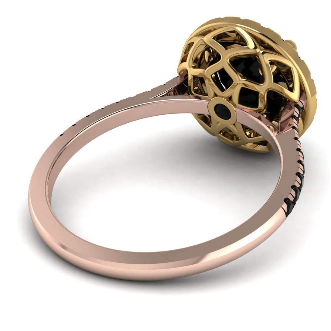 Two Tones Gorgeous Round Cut Black Diamond Pave Engagement Ring With Hidden Stone - Ellen No. 79