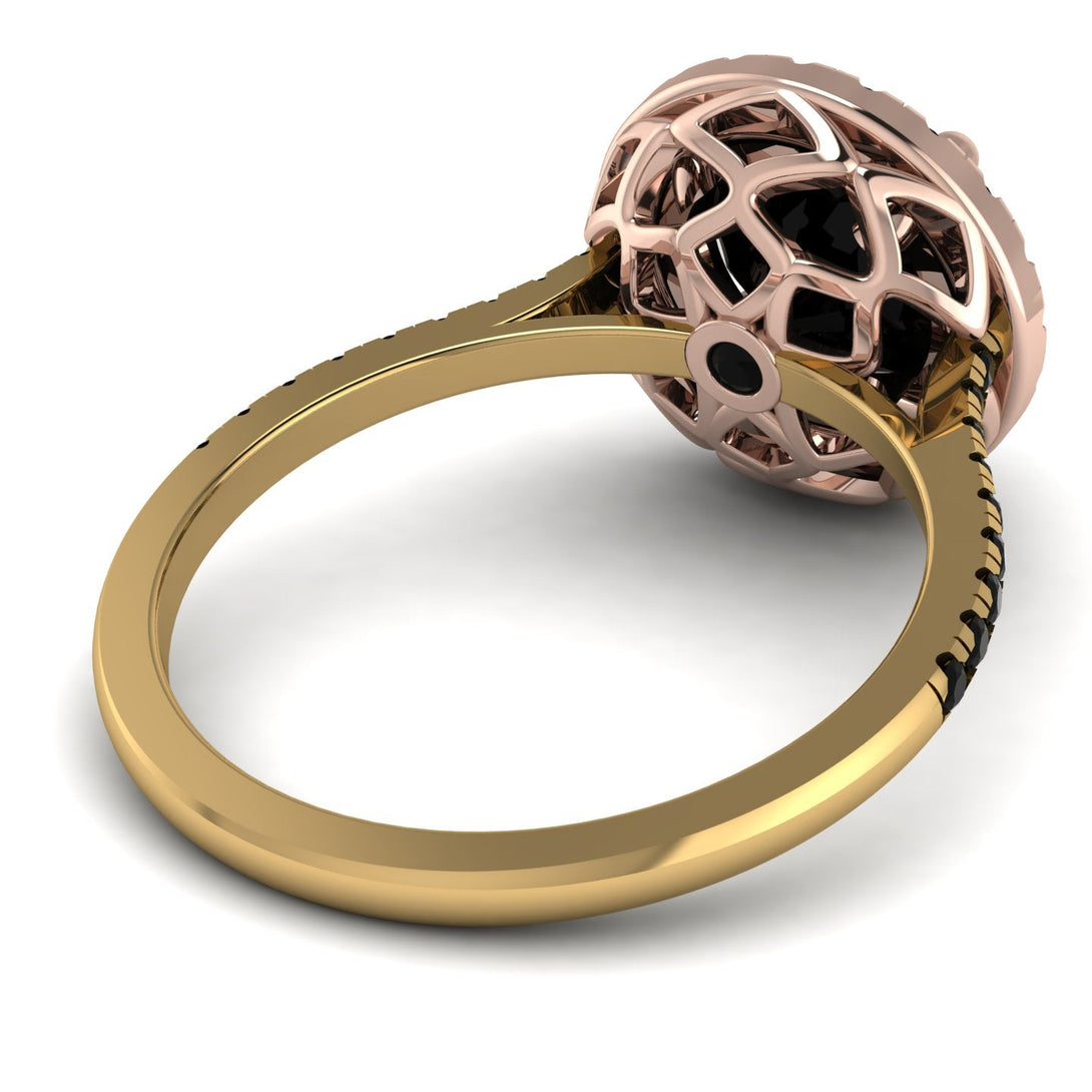 Two Tones Gorgeous Round Cut Black Diamond Pave Engagement Ring With Hidden Stone - Ellen No. 79