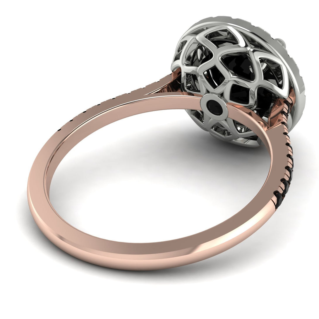 Two Tones Gorgeous Round Cut Black Diamond Pave Engagement Ring With Hidden Stone - Ellen No. 81