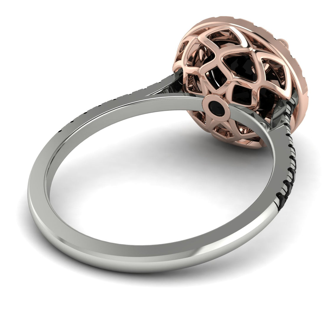 Two Tones Gorgeous Round Cut Black Diamond Pave Engagement Ring With Hidden Stone - Ellen No. 81