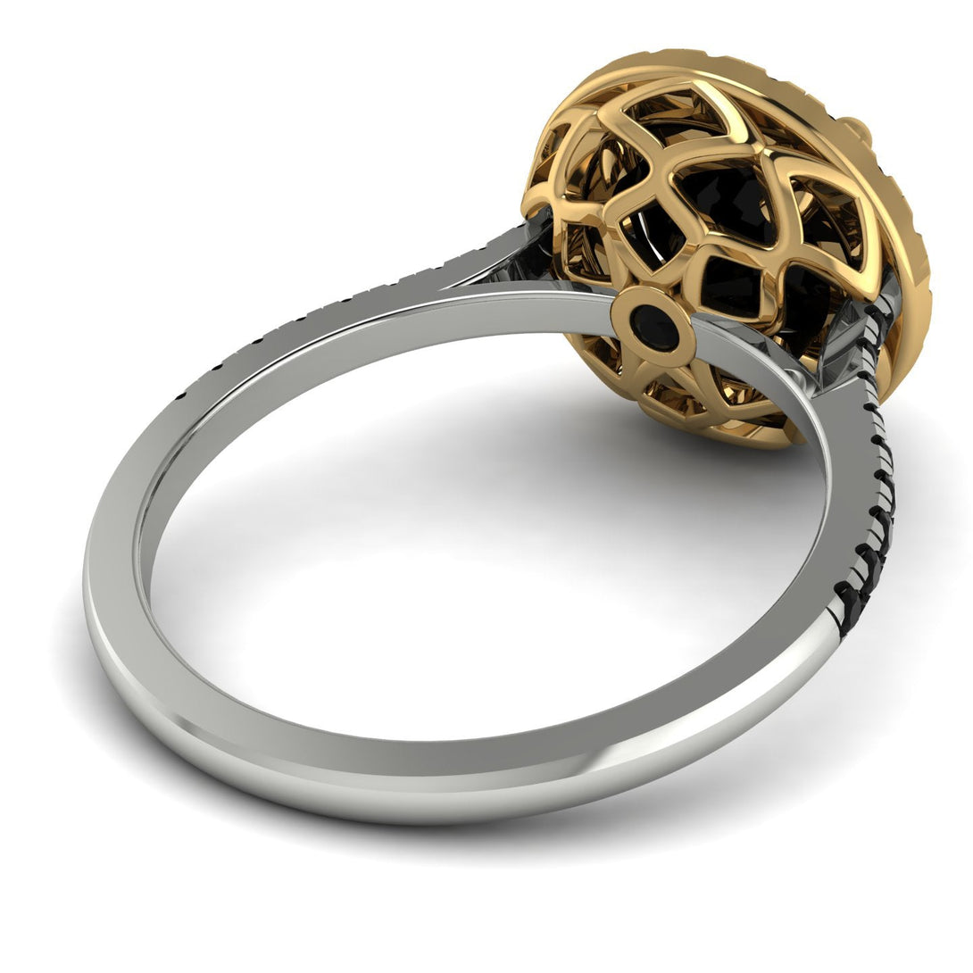 Two Tones Gorgeous Round Cut Black Diamond Pave Engagement Ring With Hidden Stone - Ellen No. 80