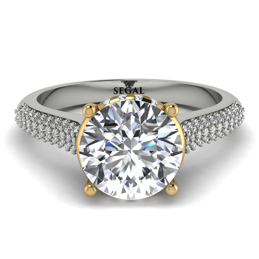 Two Tones Luxury Pave Round Cut Diamond Engagement Ring With Hidden Stone - Miracle No. 77