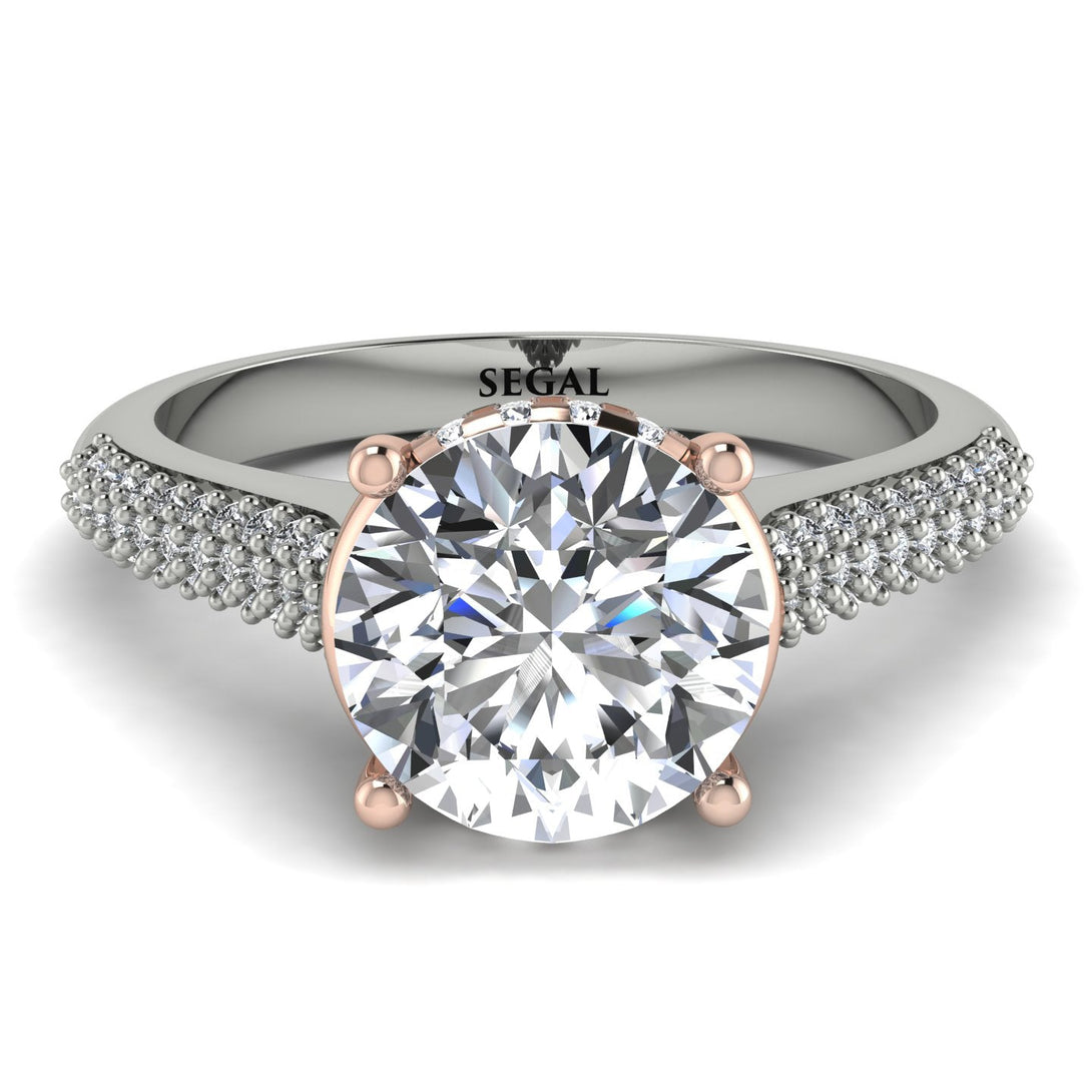 Two Tones Luxury Pave Round Cut Diamond Engagement Ring With Hidden Stone - Miracle No. 78