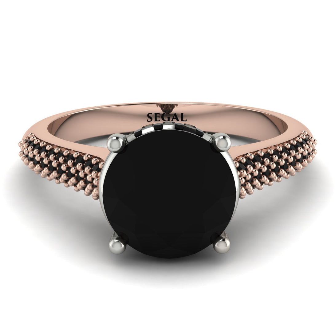 Two Tones Luxury Pave Round Cut Black Diamond Engagement Ring With Hidden Stone - Miracle No. 81
