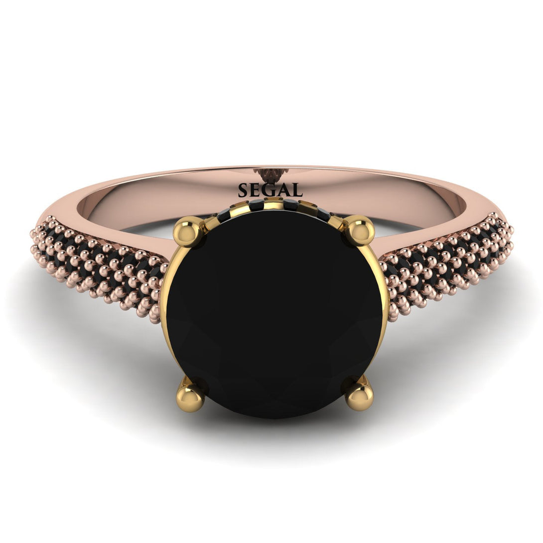 Two Tones Luxury Pave Round Cut Black Diamond Engagement Ring With Hidden Stone - Miracle No. 79